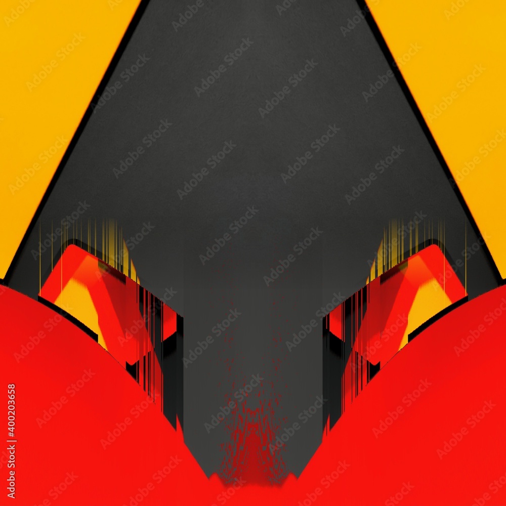 Poster vivid yellow and bright red coloured building block on dark grey background patterns and designs