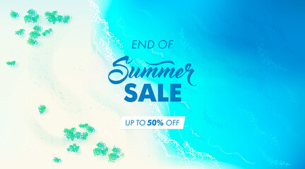 Vector beautiful realistic top view illustration of sandy summer beach. Summer sale banner