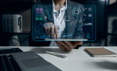 Trader at work and digital Stock market concept.