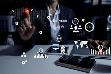 Trader at work and digital Stock market concept.