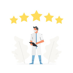 Choose doctor for consultation, five star rating. Medical staff reviews vector illustration. The doctor stands in front of stars.