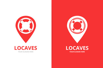 Vector lifebuoy and map pointer logo combination. Unique lifeboat and pin logotype design template
