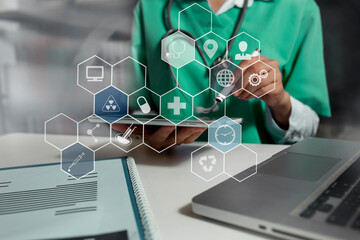 Medical technology and futuristic concept. Doctor hologram modern virtual screen interface.