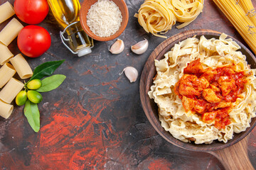 top view chicken with dough pasta dish on dark background dark pasta dish