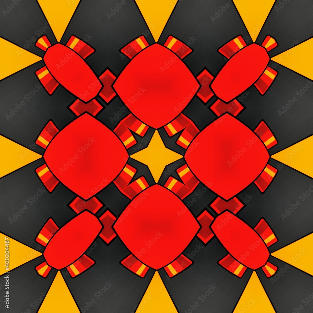 Poster vivid yellow and bright red coloured building block on dark grey background patterns and designs