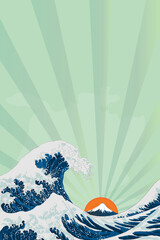 Ukiyo-e style, Ukiyoe (Japanese woodblock prints), smart phone size, Fuji Mountain, sunrise, sea, wave, snow, mountain, vector illustration, copy space, Katsushika Hokusai, vertical, big wave, retro