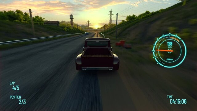 3d fake Video Game. Racing simulation on modern gaming computer. car chase. Hot-rod car rides on highway. with Car hud interface.