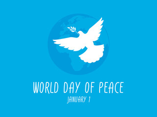 World Day of Peace on 1 January vector. Dove of peace white silhouette vector. Silhouette of planet earth with dove of peace vector. Important day