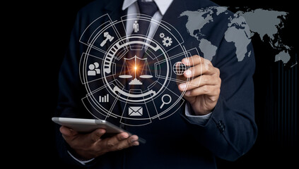 Legal advice concept. Lawyer hands touching law virtual interface screen.