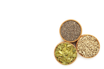 Pumpkin seeds, chia, sunflowers seeds in bowl isolated on white background