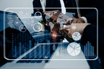Double exposure of business hands working on digital marketing virtual chart, Abstract icon, Business strategy and technology market concept.
