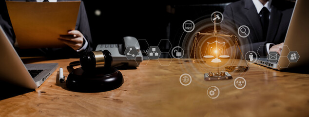 Concepts of Law and Legal services.	Law technology interface icons.