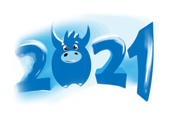 The 2021 bull figures. New Year.Funny, funny bull. Blue numbers in the fog. Snow-covered inscription. Decoration of a postcard with an inscription. Snow, frost and cold.