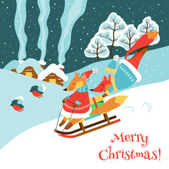 Merry Christmas card with foxes wearing coats and hats and birds. In the background there are houses, forest, snow and text.