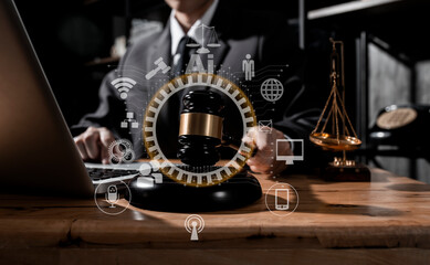 Concepts of Law and Legal services. Lawyer hand with interface icons.	