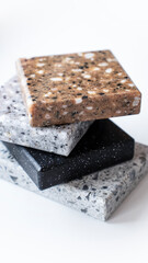 Decorative artificial stone in samples. Suitcase with samples of artificial stone. Finishing material, interior renovation.