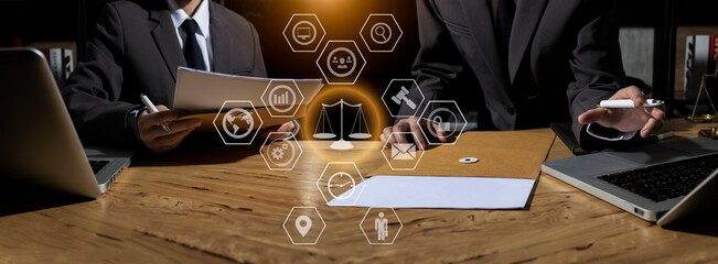 Concepts of Law and Legal services. Lawyer hand with interface icons.	