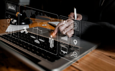 Concepts of Law and Legal services. law regulation policy  on virtual screen and law interface icons.
