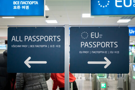 Prague, Czech Republic - December 2017: Passport control entrance area for EU and other passport holders at Prague Airport, Czech Republic.