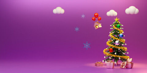 Christmas tree with gift box and ornaments in purple or violet composition for modern stage display and minimalist mockup ,Concept Christmas and a festive New Year, 3d illustration or 3d render