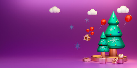 Christmas tree with gift box and ornaments in purple or violet composition for modern stage display and minimalist mockup ,Concept Christmas and a festive New Year, 3d illustration or 3d render