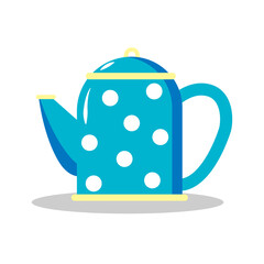 Teapot flat illustration. Blue teapot with peas on a white background.
