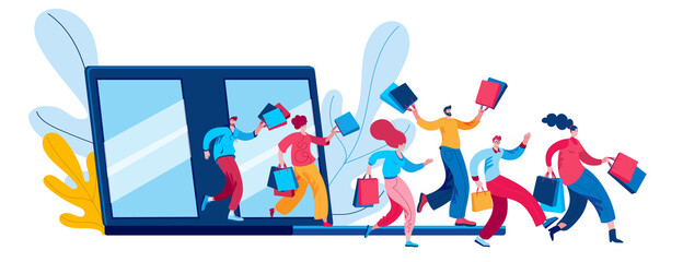 Happy people come out with purchases from an online store on a laptop. Concept of a vector illustration in a flat style on the theme of opening an online store.