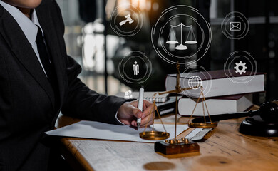 Concepts of Law and Legal services. Lawyer business hands working on technology innovation interface icons.