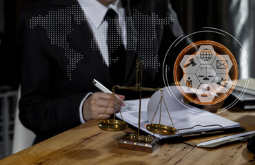 Law and Legal services concept, Lawyer business team working at the table office and law interface icons.