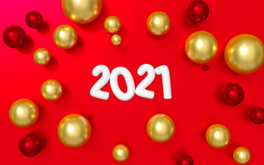 2021 with gold and red metallic happy new year christmas ball ornaments decoration object group on red background 3d rendering. 3d illustration numbers Festive poster or banner design.