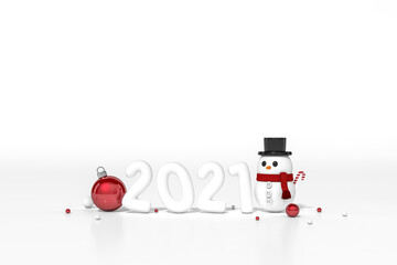 2021 White happy new year and Snowman with Red christmas ball ornaments decoration object group on white background 3d rendering. 3d illustration 2021 numbers Festive poster or banner design.