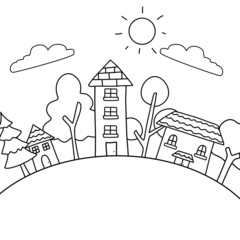 coloring page for kid,small cute village hand drawn.