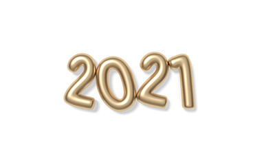 2021 gold metallic happy new year on white background 3d rendering. 3d illustration Golden colored numbers Festive poster or banner design.