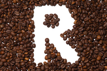 Symbol R, the letter of an aphovite made of coffee. Coffee background, letter R