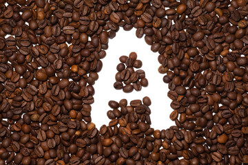 Symbol A, the letter of an aphovite made of coffee. Coffee background, letter A