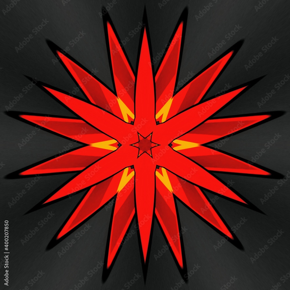 Poster vivid yellow and bright red coloured building block on dark grey background patterns and designs