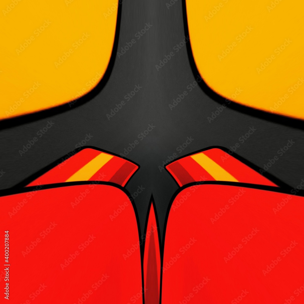 Poster vivid yellow and bright red coloured building block on dark grey background patterns and designs