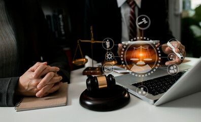 Concepts of Law and Legal services. Lawyer hand using law interface icons. 