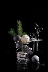 Barber shop set with Christmas decorations balloons on black background