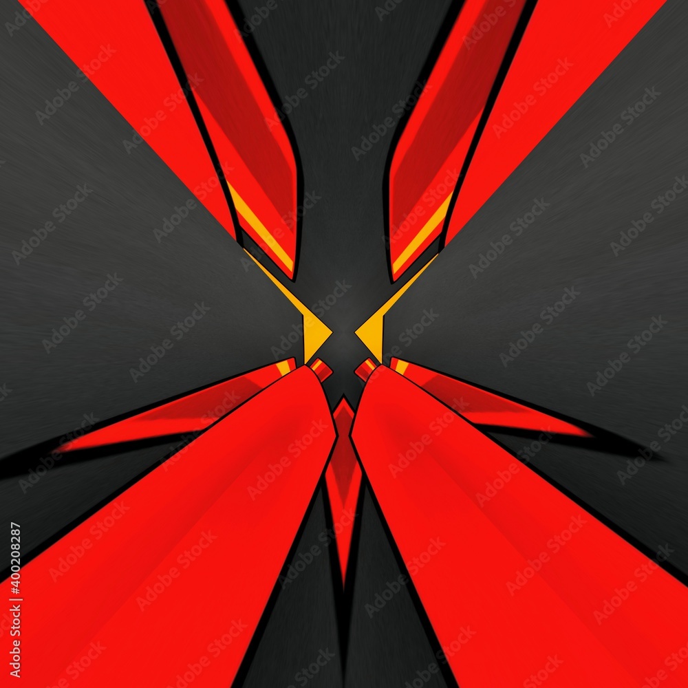 Poster vivid yellow and bright red coloured building block on dark grey background patterns and designs