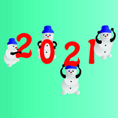 A set of four cartoon snowmen in different poses with the year 2021. Vector illustration.