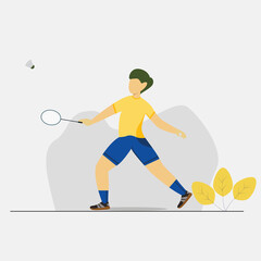 Vector illustration. a young man playing badminton outdoors. modern flat people character. Ideal for motion, graphic and web design projects