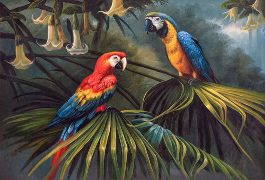 Two large bright parrots sitting on a branch in the jungle. Oil painting