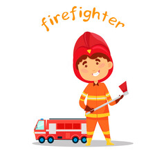 Cute kid playing firefighter. Fire truck and cartoon character firefighter. Vector illustration