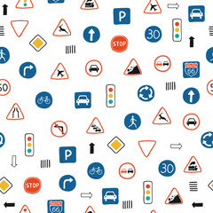 Cute seamless pattern with road signs and traffic lights on a white background. Illustration in hand drawn style for children's room design, Wallpaper, textile. Vector - 400208692