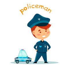 Cute kid playing police. Police car and cartoon character policeman. Vector illustration
