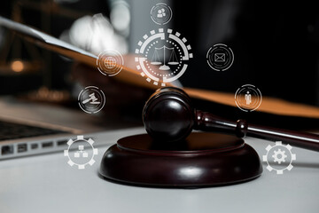 Concepts of Law and Legal services. Lawyer working at office, Law interface icons.	