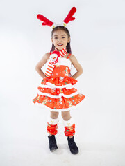 Merry Christmas girl Wearing Santa claus suit on white background