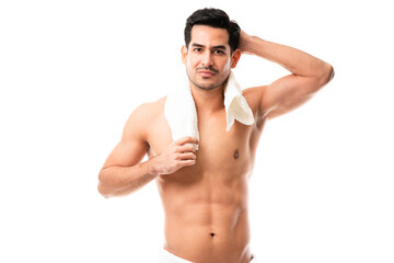 Fototapeta premium Latin man after taking bath