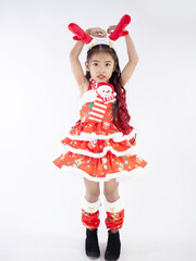 Merry Christmas girl Wearing Santa claus suit on white background